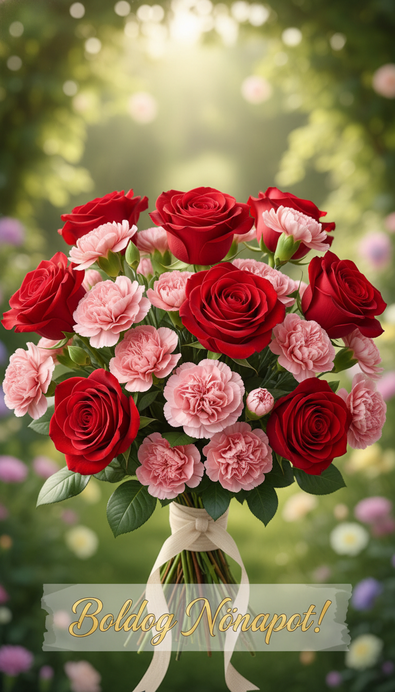 A beautifully arranged bouquet featuring lush red roses and delicate pink carnations, exuding a sense of classic elegance. The bouquet should be the central focus, with the roses showcasing velvety petals and the carnations adding a soft, textured contrast. Surrounding the bouquet, a soft-focus background of a blurred garden scene, with gentle sunlight filtering through green leaves, creates a warm and inviting atmosphere. The lighting should be soft and natural, enhancing the vibrant colors of the flowers. Capture the scene from a slightly elevated angle to emphasize the bouquet's fullness and beauty. The words 'Boldog Nőnapot!' should be visible artistically integrated into the composition, adding a celebratory touch without overpowering the floral arrangement.