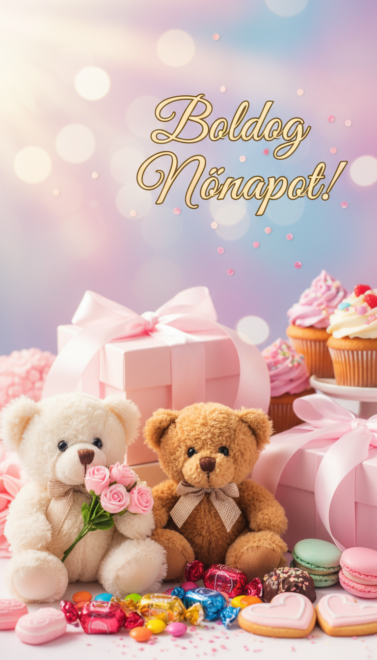 A charming and heartwarming scene showcasing adorable plush teddy bears surrounded by an assortment of delightful sweets, ideal for a celebration of Women’s Day. In the foreground, a couple of soft, fluffy teddy bears, one holding a small bouquet of flowers, while the other is surrounded by colorful candies and chocolates. In the middle, a beautifully wrapped gift box adorned with a ribbon complements the playful atmosphere. The background features a soft, ethereal pastel setting with gentle bokeh lights creating a warm and inviting ambiance. Soft natural daylight filters through, casting a gentle glow on the scene. Include the words 'Boldog Nőnapot!' elegantly positioned within the image, ensuring it blends harmoniously with the elements. The overall mood should evoke joy, warmth, and celebration, perfect for Women’s Day.