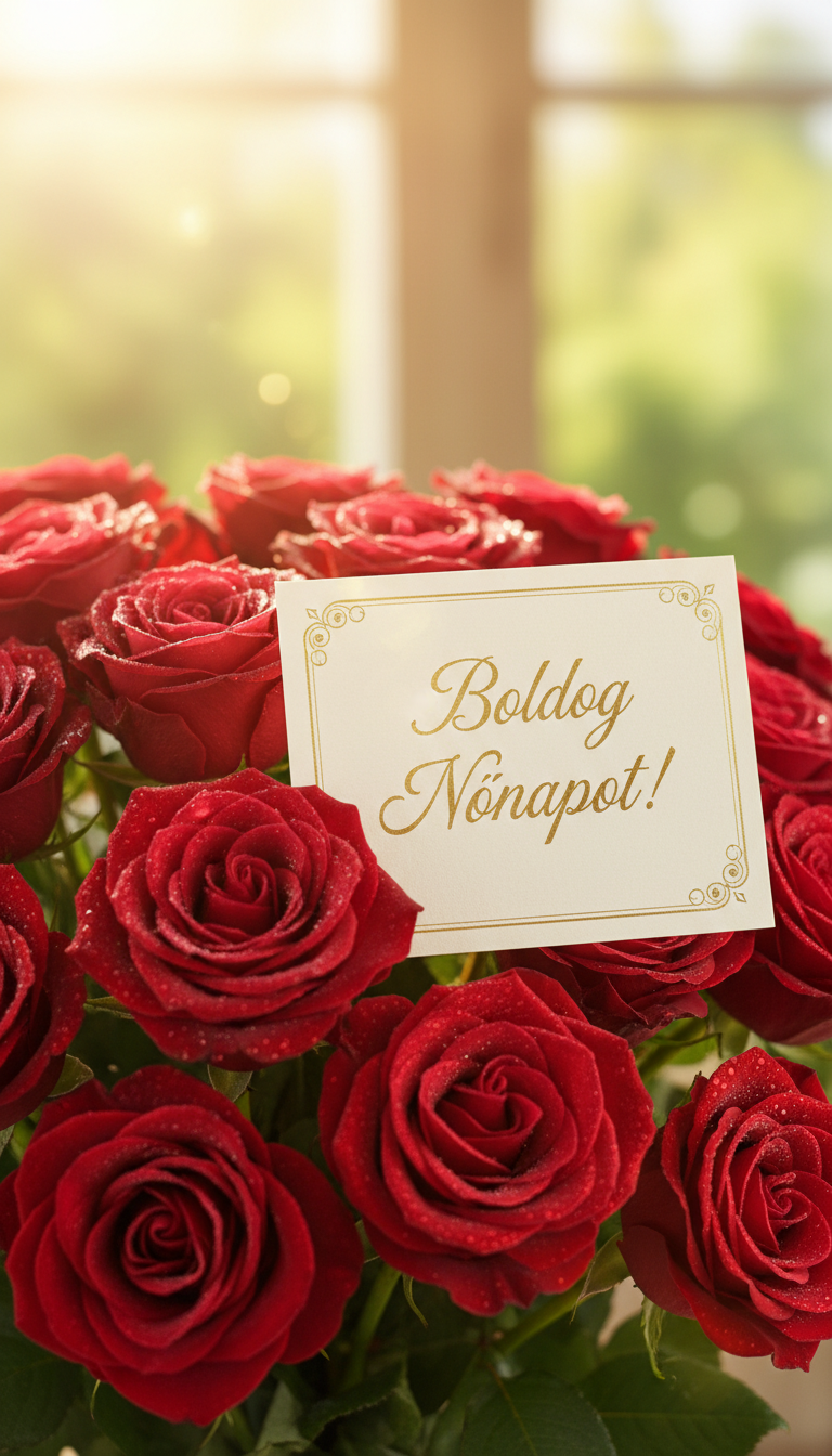 A romantic Women’s Day greeting image featuring a bouquet of lush red roses in the foreground, their petals glistening with dew. In the middle ground, softly blurred, a delicate, elegant card with the Hungarian text 'Boldog Nőnapot!' beautifully inscribed in flowing script. The background showcases a serene, softly lit environment reminiscent of a cozy spring day, with warm, golden sunlight filtering through gentle green leaves. The scene conveys a warm, tender atmosphere, celebrating love and appreciation for women, ideal for Women’s Day. A shallow depth of field focuses on the roses and card, enhancing the intimacy of the moment. The overall mood is joyful, uplifting, and full of affection, perfect for a heartfelt greeting.
