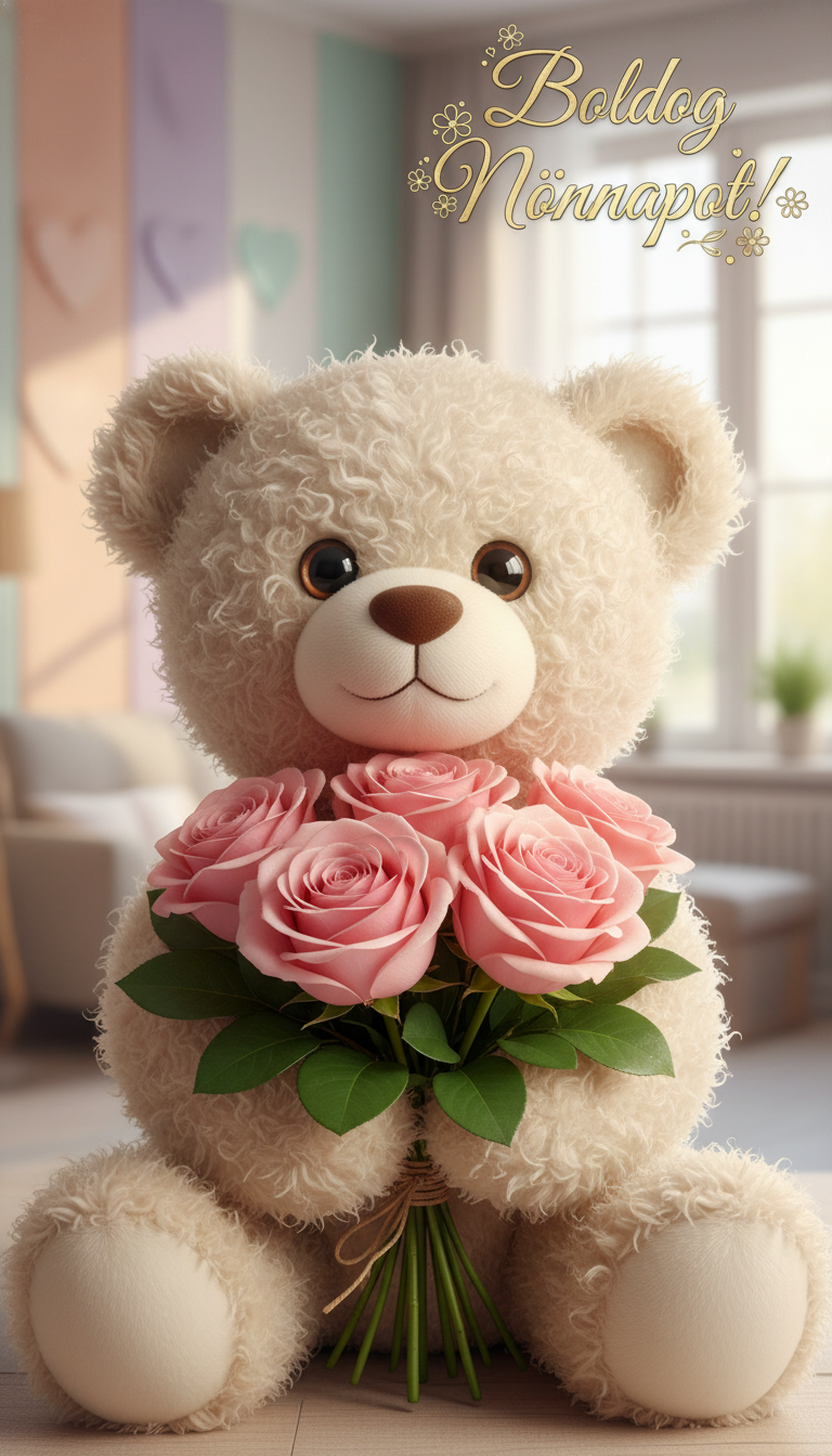 A cute, fluffy teddy bear holding a vibrant bouquet of pink roses, symbolizing love and affection. The foreground features the teddy bear, with its soft fur glistening in warm, soft light; the bear has a gentle smile and big, expressive eyes. The bouquet of fresh roses is tightly wrapped in delicate green leaves, adding to the romantic atmosphere. In the middle ground, a soft, pastel-colored backdrop with subtle heart patterns enhances the affectionate mood. The background includes blurred hints of a cozy home setting, with gentle daylight streaming in through a window. The overall scene is heartwarming and inviting, evoking feelings of warmth and romance. The text 'Boldog Nőnapot!' is included artistically in the upper corner, evoking a sense of celebration.