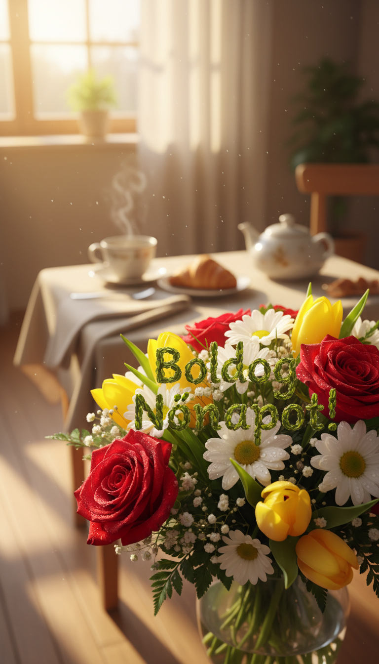 A serene morning scene celebrating International Women's Day, featuring a close-up of a beautifully arranged bouquet of vibrant flowers such as roses, tulips, and daisies. In the foreground, the bouquet showcases fresh dew glistening on the petals, symbolizing a new beginning. The middle ground includes a softly blurred breakfast table set with a steaming cup of tea and a delicate pastry, enhancing the relaxing morning atmosphere. In the background, gentle sunlight filters through a window, casting a warm, golden glow over the entire scene, creating an inviting and uplifting mood. The text 'Boldog Nőnapot!' (meaning 'Happy Women's Day!') appears subtly integrated within the floral arrangement. No people are included, ensuring a focus on the beauty of the flowers and the atmosphere of a peaceful morning.