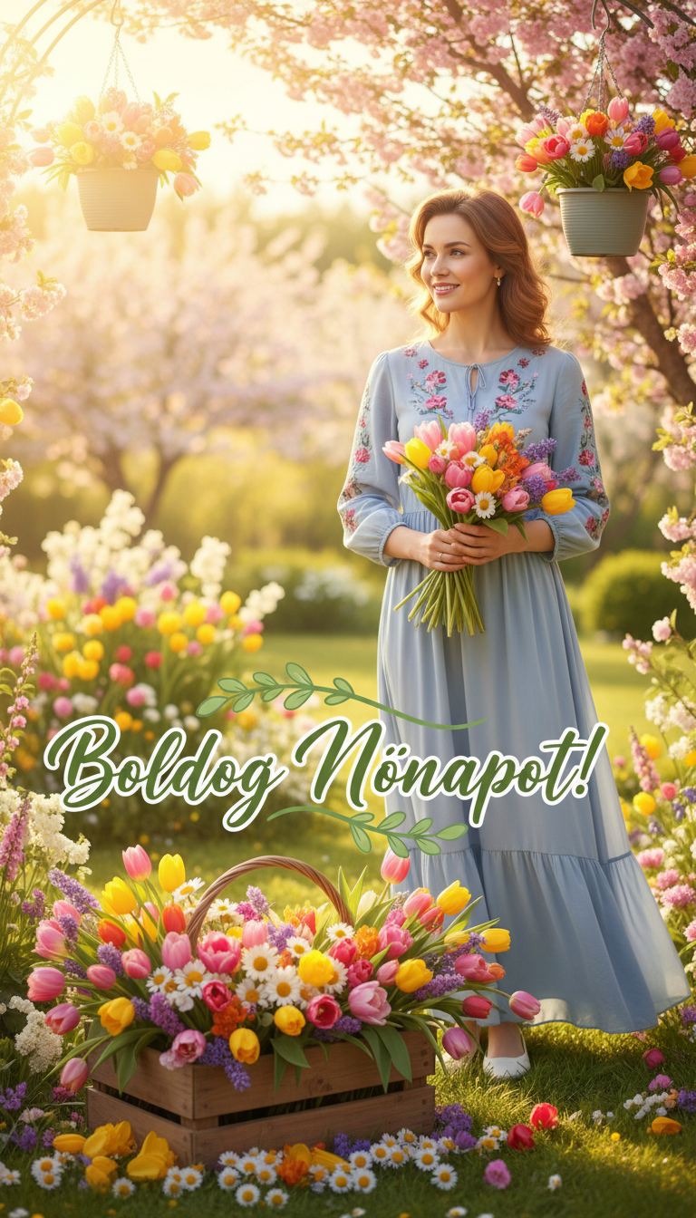 A vibrant and uplifting spring-themed image celebrating International Women's Day, featuring an arrangement of colorful flowers like tulips and daisies in the foreground, capturing the essence of freshness. In the middle-ground, a softly focused, elegantly dressed woman in a modest attire stands smiling, surrounded by floral decorations, embodying joy and appreciation. The background showcases a sunlit garden with gentle bokeh effects, enhancing the warm atmosphere. The scene is illuminated with soft, natural lighting, suggesting a cheerful daytime ambiance. The Hungarian text 'Boldog Nőnapot!' is artistically integrated into the floral arrangement, enhancing the festive spirit without distracting elements. The overall mood is friendly, celebratory, and filled with love and gratitude.