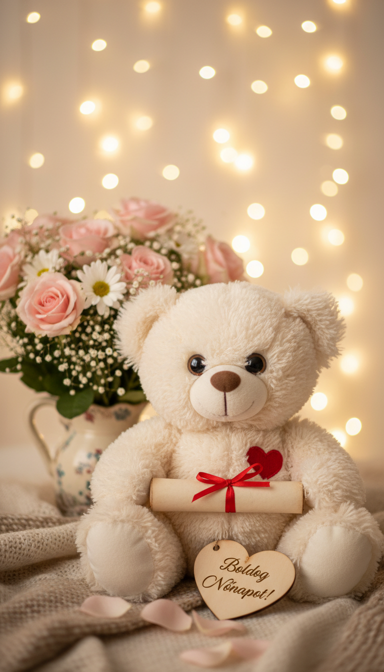 A charming teddy bear, soft and fluffy, holds a beautifully crafted love letter in its paws, sitting in the foreground. The bear has a warm, inviting expression, with large, expressive eyes and a small heart stitched onto its chest. In the middle ground, a delicate bouquet of pastel-colored flowers, such as pink roses and white daisies, complements the scene. The background features a soft-focus, dreamy setting with gentle, sparkling fairy lights hanging from above, creating a magical ambiance. The lighting is soft and warm, casting gentle shadows that enhance the bear's cuddly appearance. The overall mood is romantic and heartwarming, evoking feelings of love and appreciation. Include the text 'Boldog Nőnapot!' subtly displayed near the bear's feet, blending harmoniously into the composition without distracting from the main subject.