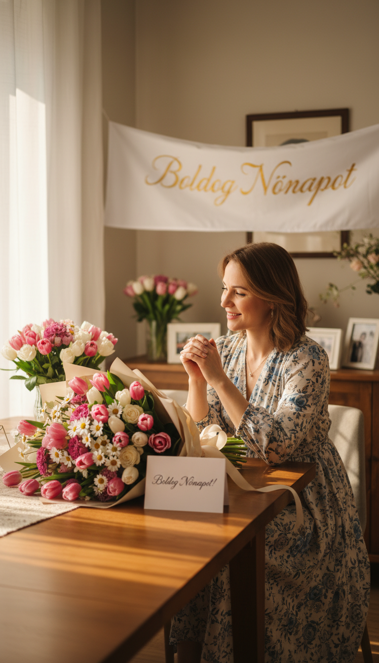 A serene and heartwarming scene celebrating International Women's Day, featuring a beautifully arranged table adorned with fresh flowers in vibrant colors, particularly pink and white. In the foreground, a bouquet of tulips and daisies is elegantly wrapped, symbolizing appreciation and love. The middle ground captures a joyful woman in modest casual clothing, smiling as she admires the flowers, radiating warmth and nostalgia. Soft, natural lighting filters through a nearby window, creating a gentle glow that enhances the cozy atmosphere. In the background, a softly blurred banner displays the Hungarian text 'Boldog Nőnapot!' in an elegant font, celebrating the occasion. The overall mood is one of joy, gratitude, and feminine strength, embodying the essence of Women’s Day.