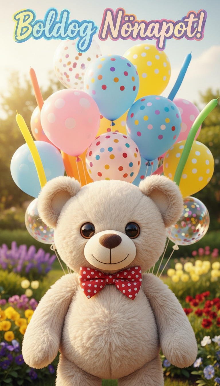 A large, adorable plush teddy bear stands in the foreground, surrounded by colorful balloons in various shapes and sizes. The bear has soft, fluffy fur with a friendly expression, wearing a small, cheerful bow tie. In the middle ground, a variety of bright, playful balloons float gently, creating a festive atmosphere; some are heart-shaped with pastel pinks and blues, while others are colorful polka-dots. In the background, a softly blurred garden setting is visible, with blooming flowers and a sunny sky. The lighting is warm and inviting, capturing a joyful daytime vibe. The image should evoke happiness and surprise, perfectly suited for celebrating International Women's Day, with the text 'Boldog Nőnapot!' artistically integrated, ensuring no distractions detract from the scene.