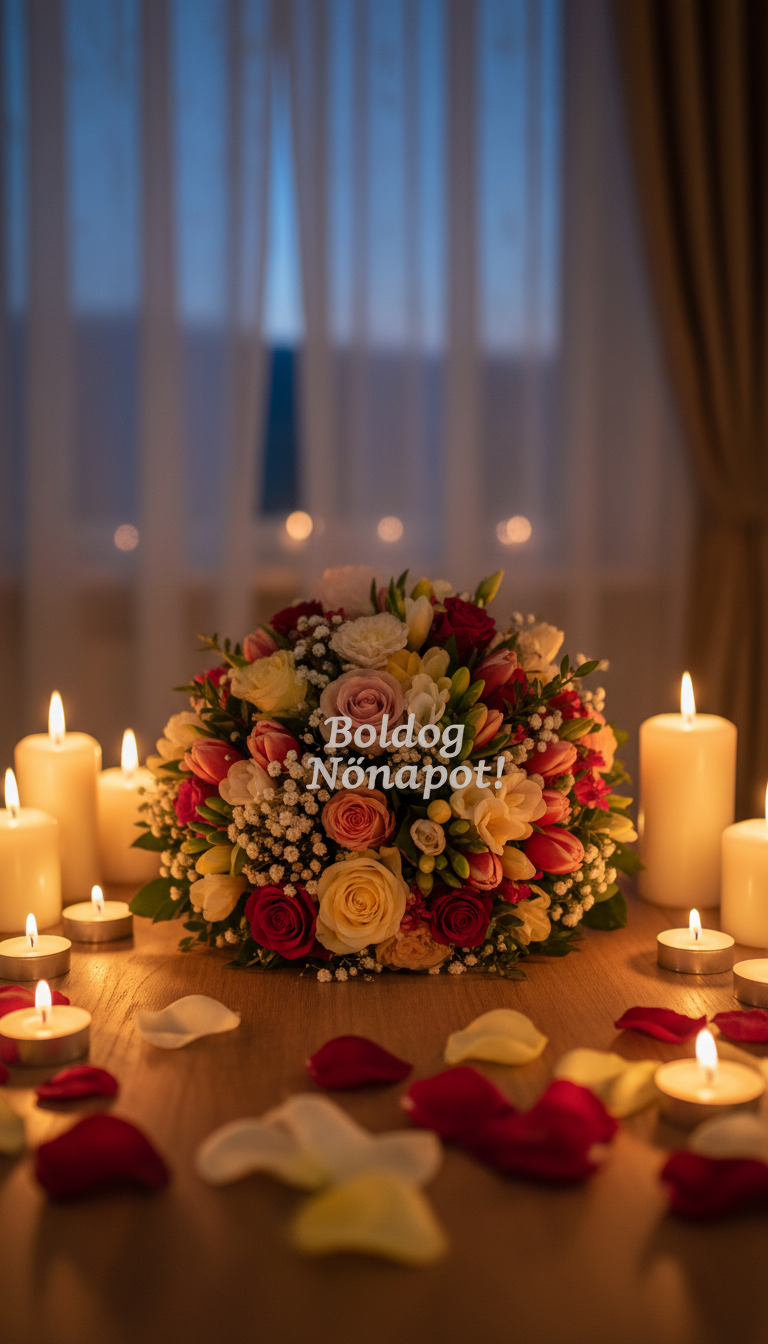 A romantic scene capturing a candlelit setting for International Women's Day, featuring soft, warm candlelight casting gentle shadows. In the foreground, delicate petals of various flowers, including roses and tulips, are scattered around an elegant table. A beautifully arranged bouquet is placed centrally, radiating vibrant colors. The middle ground includes glowing candles of different heights, their flames flickering gently, illuminating the petals. In the background, a cozy ambiance is created with blurred, soft-focus elements like a window with sheer drapes, perhaps revealing hints of twilight. The overall mood is intimate and serene, inviting feelings of appreciation and celebration. The text 'Boldog Nőnapot!' is subtly integrated within the flower arrangement without being obtrusive. The lighting is warm and inviting, reminiscent of a quiet evening gathering.