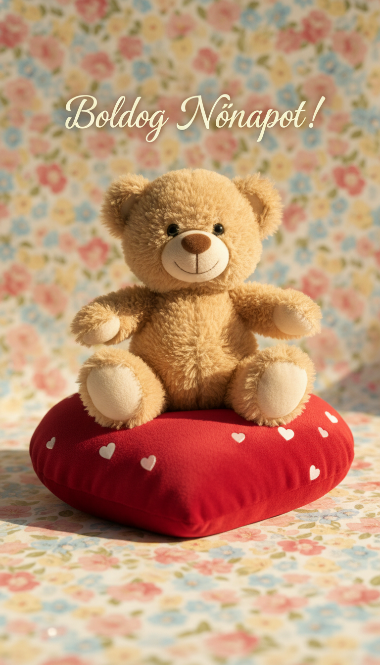 A cute plush bear with a soft expression is sitting on a heart-shaped pillow, surrounded by delicate floral patterns. The bear is light brown with a gentle smile, and its paws are open as if inviting a hug. The heart-shaped pillow is vibrant red with small white hearts scattered across it, creating a cozy and affectionate atmosphere. In the background, there are blurred pastel-colored flowers, giving a soft-focus effect that enhances the dreamlike quality of the scene. The lighting is warm and inviting, suggesting a sunny afternoon with gentle light illuminating the bear and pillow. The overall mood is sweet and endearing, perfect for celebrating love and appreciation. The Hungarian text 'Boldog Nőnapot!' is elegantly integrated into the design, enhancing the theme.