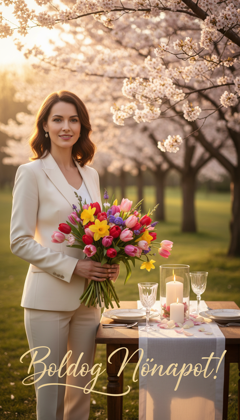 An elegant scene celebrating International Women's Day, featuring a gracefully dressed woman in professional business attire, standing confidently among blooming flowers. In the foreground, she holds a bouquet of vibrant spring flowers, symbolizing appreciation and beauty. In the middle ground, a softly lit table adorned with delicate tableware and a lit candle creates an inviting atmosphere. The background showcases a serene park with cherry blossom trees in full bloom, with gentle sunlight filtering through the branches, casting a warm glow. The mood is uplifting and inspiring. The image contains the text 'Boldog Nőnapot!' artistically integrated into the scene, ensuring it enhances the overall elegance without overwhelming the visual.