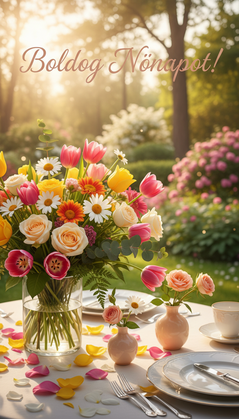 A beautifully arranged bouquet of vibrant flowers, including tulips, roses, and daisies, fills the foreground, showcasing rich colors like pink, yellow, and white. In the middle ground, there is an elegant table setting adorned with delicate petals scattered around a tasteful, small vase that complements the flowers. The background features a soft, blurred garden scene bathed in warm, golden sunlight, creating a serene and inviting atmosphere. The image captures a sense of celebration and warmth, perfect for International Women's Day. Prominently displayed is the cheerful phrase 'Boldog Nőnapot!' in an elegant font, blending harmoniously with the floral theme. The lighting accentuates the natural beauty of the flowers, emphasizing their freshness and vibrancy.