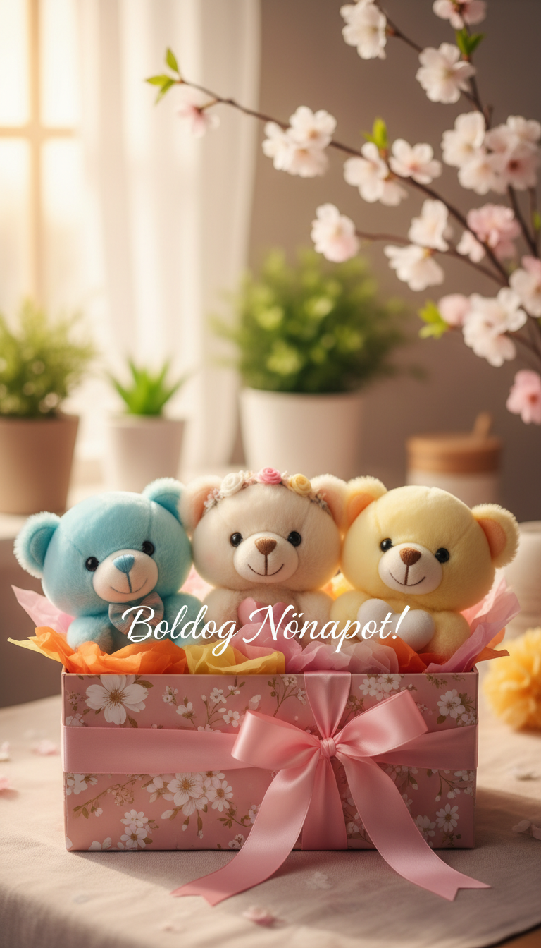 A beautifully arranged gift box filled with adorable plush bears, each uniquely designed, sitting snugly among colorful decorative tissue paper. The foreground highlights the soft textures of the bears, showcasing their charming expressions and pastel colors. In the middle ground, the gift box itself is elegant, wrapped in glossy pink paper decorated with delicate floral patterns. Soft, warm lighting casts a gentle glow, enhancing the inviting and joyful atmosphere. In the background, a blurred and cozy scene of a spring-themed room with hints of greenery and blossoms can be seen, promoting a sense of celebration. The image subtly includes the Hungarian text 'Boldog Nőnapot!' written in a cursive style, blending seamlessly with the overall aesthetic without overwhelming the visual.