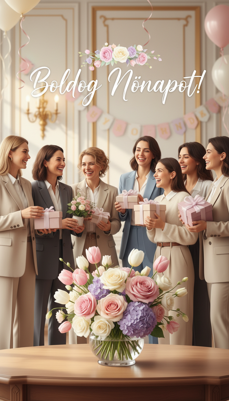 A heartwarming scene celebrating International Women's Day, featuring a tasteful arrangement of beautiful flowers in soft pastels, such as pinks, purples, and whites, in the foreground. In the middle ground, a diverse group of women, dressed in professional business attire or modest casual clothing, share joyful moments together, smiling and holding gifts. The background includes a softly blurred, elegantly decorated room with warm lighting, perhaps with subtle decorations that hint at the festive occasion. A gentle light illuminates the faces of the women, creating an uplifting and joyous atmosphere. An artistic rendering of the text 'Boldog Nőnapot!' seamlessly integrated into the design, without being intrusive or distracting, enhances the overall sentiment of celebration and appreciation.