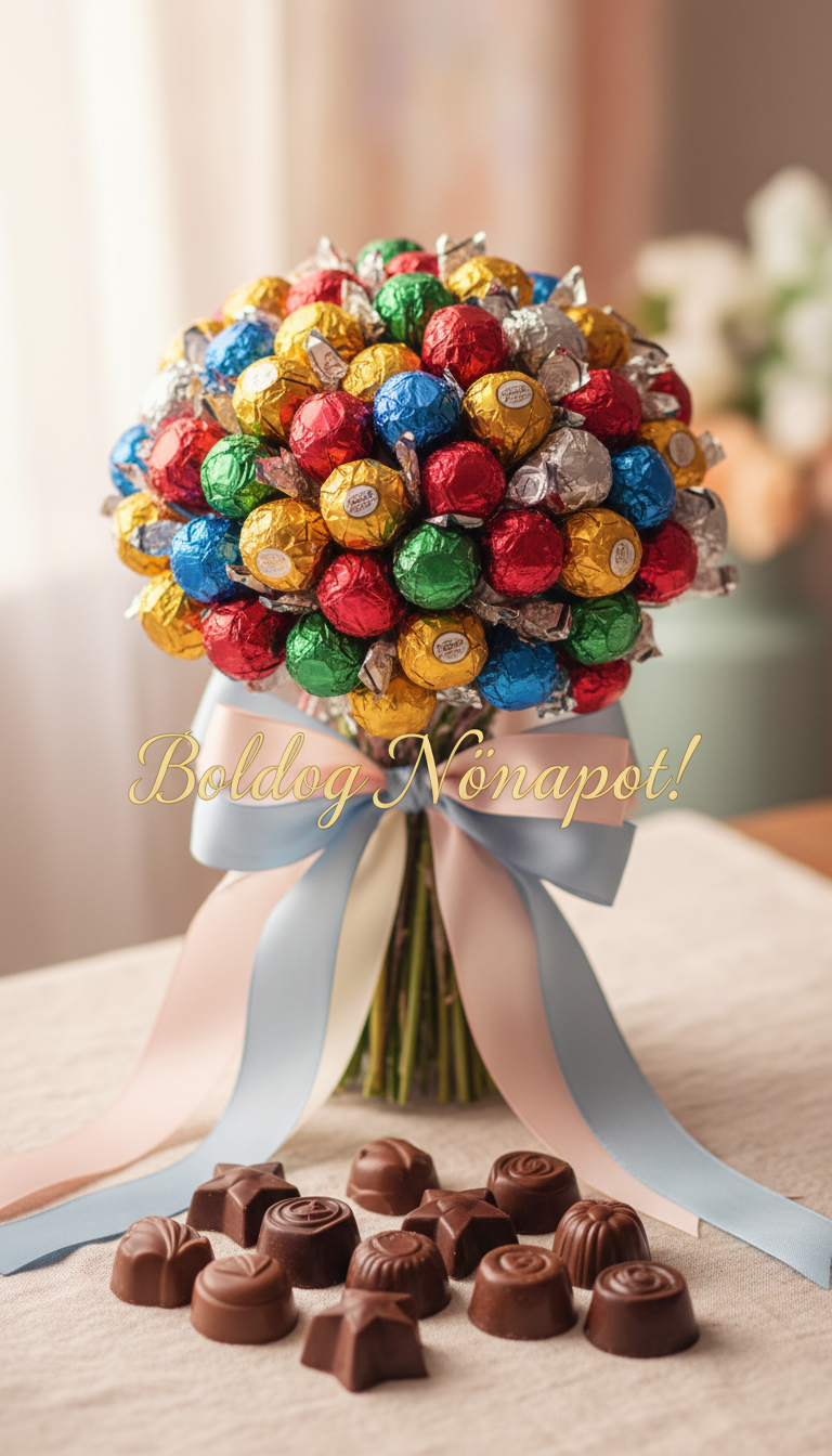A beautifully arranged bouquet of colorful bonbons tied with a delicate pastel ribbon, elegantly displayed on a soft, textured background. The foreground features an assortment of handcrafted chocolates in various shapes and sizes, glistening with a light sheen to enhance their appeal. The pastel ribbon cascades gracefully over the bonbons, adding a touch of charm. In the middle, soft, diffused natural lighting bathes the scene, creating a warm, inviting atmosphere. A hint of gentle shadows suggests a serene setting, while the background remains softly blurred to emphasize the elegance of the bonbon bouquet. The image should convey a mood of celebration and sweetness, perfect for an occasion, while seamlessly incorporating the Hungarian text "Boldog Nőnapot!" subtly integrated into the design without overpowering the visual composition.