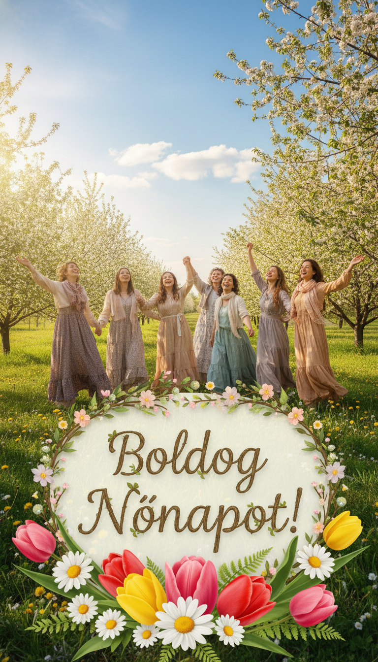 A serene nature scene capturing the essence of International Women’s Day. In the foreground, a beautiful arrangement of vibrant flowers such as tulips and daisies, symbolizing femininity and appreciation. In the middle ground, a group of modestly dressed women, smiling and celebrating together, embodying joy and camaraderie, standing amidst a lush green landscape filled with trees and soft sunlight filtering through the leaves. The background features a clear blue sky, with gentle clouds drifting by, creating a peaceful atmosphere. The words 'Boldog Nőnapot!' are artistically incorporated into the floral arrangement, enhancing the cheerful mood of the scene. The lighting is warm and inviting, suggesting a sunny spring day, with a focus on soft shadows to add depth. The image exudes positivity and gratitude, perfectly reflecting the spirit of Women's Day.