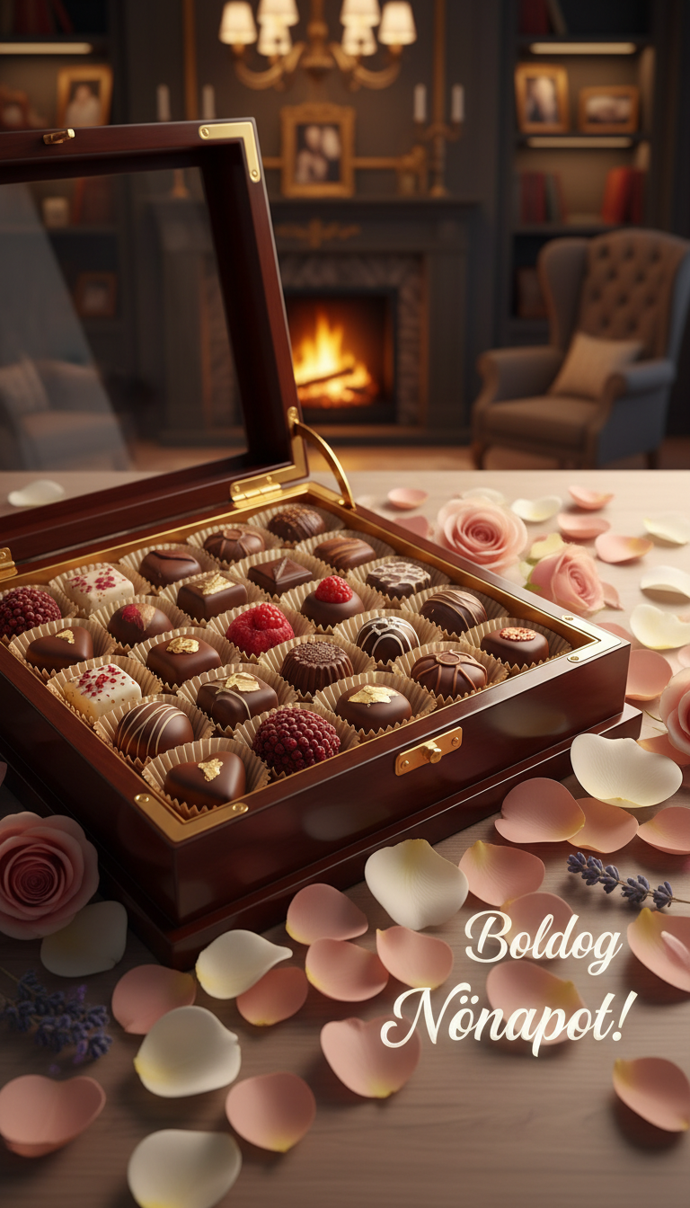 A beautifully arranged, luxurious gift box filled with assorted chocolates, elegantly displayed in the foreground. Surrounding the box are delicate, vibrant flower petals in shades of pink, white, and lavender, creating a soft, romantic atmosphere. In the middle ground, there is a blurred backdrop of a cozy, well-lit room adorned with subtle decorations, enhancing the intimate setting. The lighting is warm and inviting, casting gentle shadows to add depth. A slight tilt-angle captures both the chocolates and flower petals harmoniously. The image should evoke feelings of love and celebration, perfect for International Women's Day. Add subtle text in Hungarian reading 'Boldog Nőnapot!' with the letter 'ö' in focus, ensuring no other text or markings are present.
