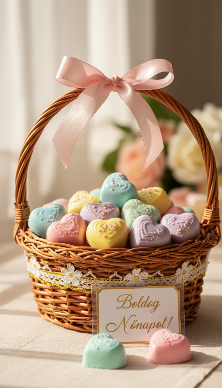 A beautifully arranged selection of heart-shaped pralines in vibrant pastel colors, nestled in an elegant bonbon basket wrapped with a soft pink ribbon. In the foreground, the pralines glisten with different textures, showcasing rich chocolate coatings and delicate decorations. The middle section features the basket crafted from woven materials, adorned with small floral motifs. Soft natural light illuminates the scene, casting gentle shadows that enhance the details of the chocolates and the basket. In the background, a blurred, softly colored setting creates a warm and inviting atmosphere, perfect for a celebratory theme. The image includes the Hungarian text 'Boldog Nőnapot!' subtly integrated into the scene, adding a festive touch. The overall mood is cheerful and sweet, ideal for celebrating women.