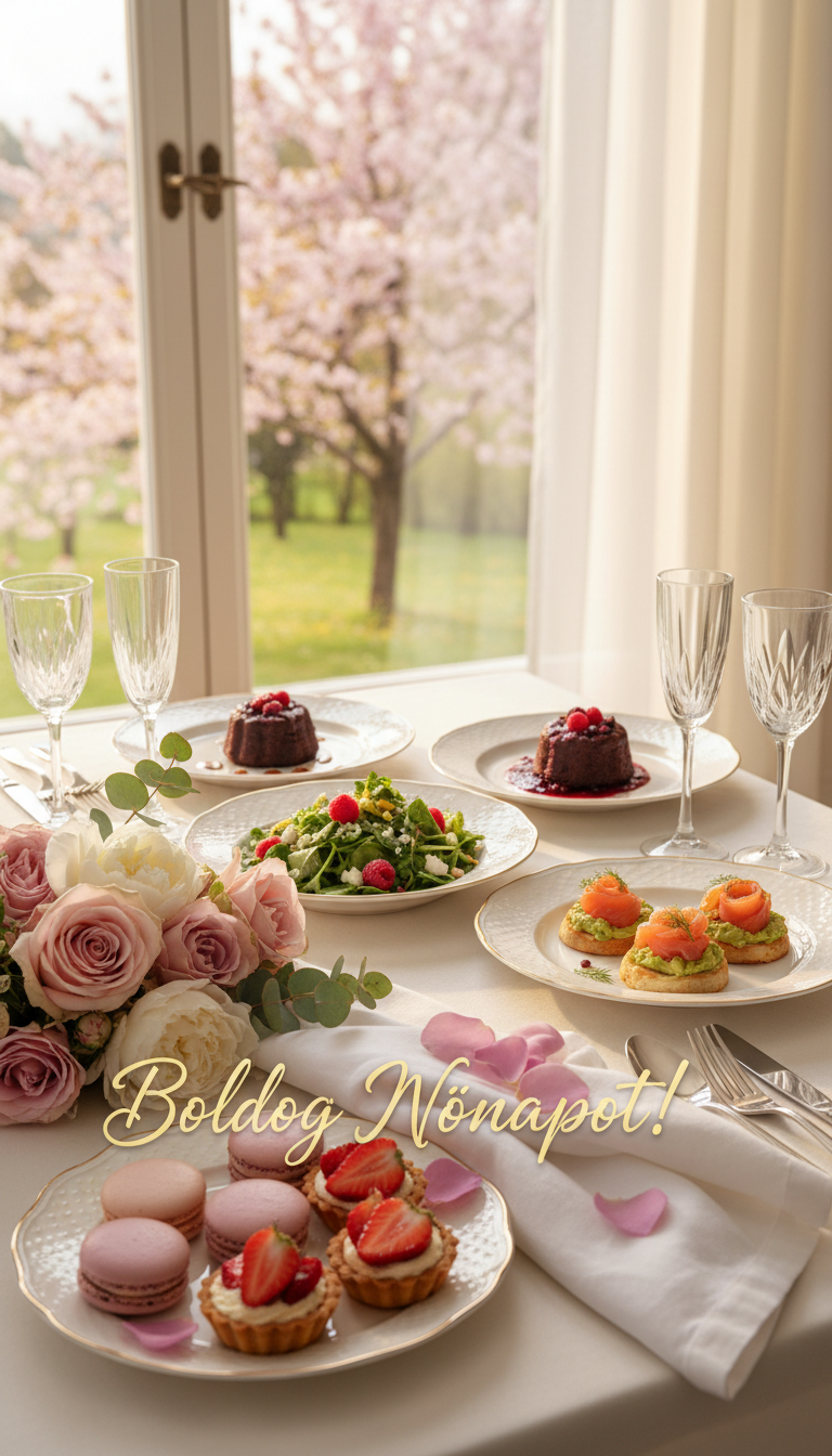 A beautifully arranged table setting for International Women's Day (Nőnap) featuring a variety of appetizing dishes. In the foreground, there are delicate pastries and vibrant flower arrangements, exuding a festive and welcoming atmosphere. The middle ground showcases elegantly plated dishes, including colorful salads and gourmet desserts, creating a sense of gastronomic beauty. In the background, soft natural light filters through a window, casting a warm glow over the scene and enhancing the celebratory mood. The image should convey warmth, joy, and appreciation, inviting viewers to celebrate the beauty of women on this special day. The text 'Boldog Nőnapot!' is subtly integrated into the scene, rendered in elegant fonts that complement the overall aesthetic without overwhelming the image.