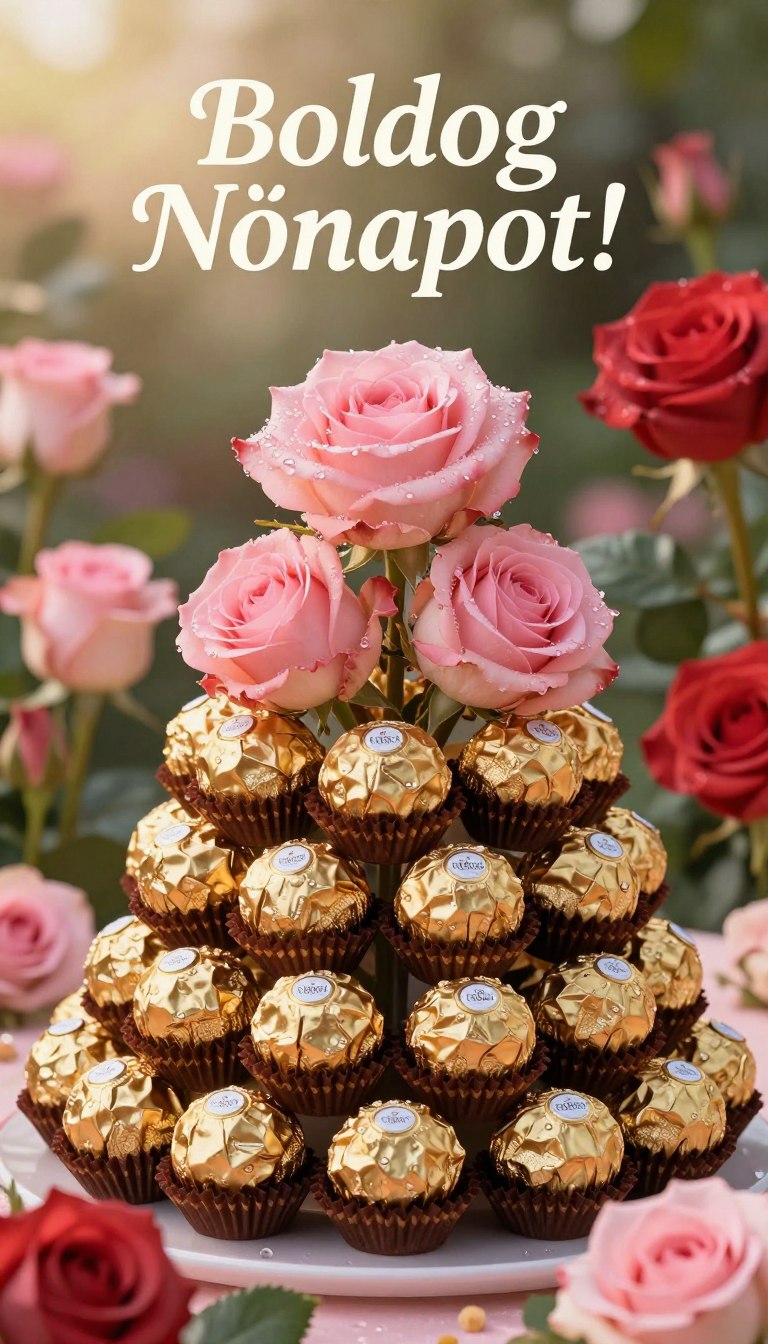 A beautifully arranged Ferrero Rocher tower set elegantly among lush, vibrant roses in various shades of pink and red. The foreground displays the sparkling gold wrappers of the Ferrero Rocher chocolates catching soft, warm light, highlighting their luxurious texture. The middle of the composition features a stunning array of roses, their petals glistening with dew, creating a romantic and elegant atmosphere. In the background, a softly blurred garden setting adds depth, filled with hints of greenery and gentle sunlight filtering through. The overall mood is celebratory and warm, perfect for International Women's Day. Ensure that the image includes the Hungarian text 'Boldog Nőnapot!' subtly integrated, enhancing the festive feel while maintaining elegance.