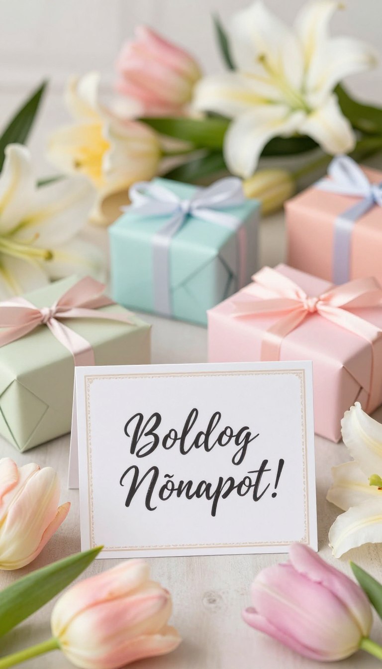 A beautifully arranged flat lay showcasing an elegant International Women's Day greeting card surrounded by fresh flowers like tulips and lilies in soft pastel colors. In the foreground, the card is placed invitingly, featuring the text 'Boldog Nőnapot!' written in an elegant cursive font, with a delicate border. The middle layer includes a variety of small gifts wrapped in gentle hues, symbolizing appreciation and love. The background is softly blurred to enhance focus on the foreground elements, with warm, natural lighting that evokes a cheerful and welcoming atmosphere. The overall mood is celebratory and uplifting, perfect for honoring the women in your life on this special occasion.