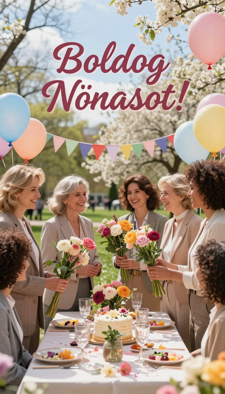 A beautiful and vibrant celebration scene capturing the essence of International Women's Day. In the foreground, a group of diverse women of various ages, all in professional and modest attire, exchanging flowers and warm smiles. They are surrounded by colorful decorations such as balloons and streamers, creating a festive atmosphere. In the middle ground, a beautifully arranged table adorned with a lovely cake and elegant floral centerpieces, with soft, natural light illuminating the scene, creating warmth and joy. In the background, a park setting with blossoming trees under a clear blue sky. The Hungarian text 'Boldog Nőnapot!' elegantly displayed in artistic typography, blending harmoniously into the scene without any overlays.