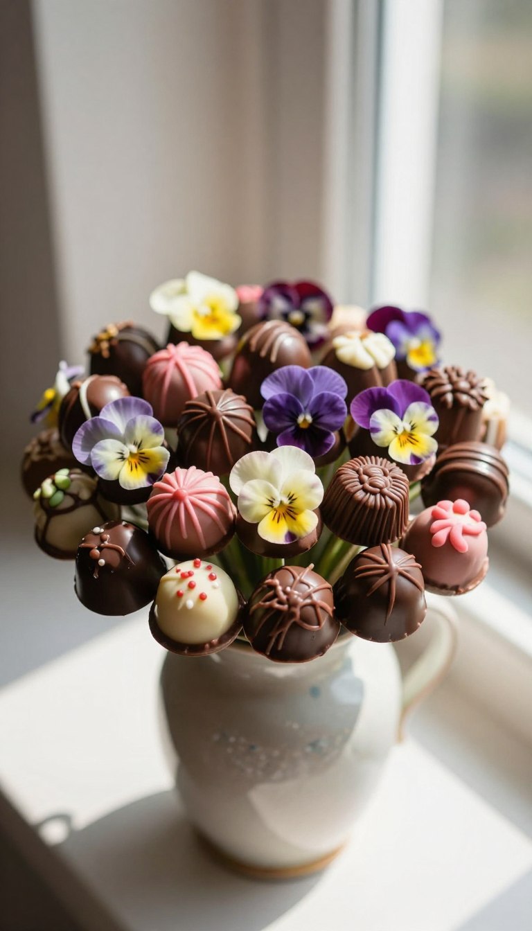 A close-up view of a handcrafted chocolate bonbon bouquet, artistically arranged with an assortment of colorful, intricately designed chocolates. The bonbons should be nestled among delicate edible flowers like violets and pansies, adding a whimsical touch. The bouquet is presented in a vintage-style ceramic vase, set against a softly blurred background of a sunlit room. Natural light filters through a nearby window, casting gentle shadows and highlighting the glossy finish of the chocolates. The overall mood is cheerful and inviting, perfect for celebrating International Women’s Day. The image should not contain any text, but ambient lighting creates a warm atmosphere, enhancing the personal touch of the handmade creation.