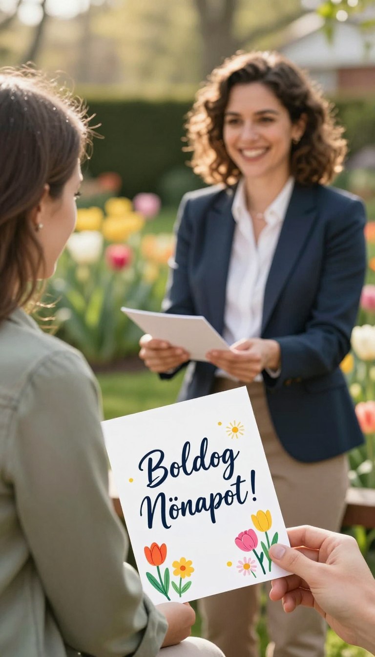 A vibrant and heartwarming celebration of International Women's Day, focusing on personalized greetings. In the foreground, a beautifully designed card with the text 'Boldog Nőnapot!' elegantly written in a flowing script, adorned with colorful flowers such as tulips and daisies. In the middle ground, a cheerful woman dressed in professional business attire, smiling as she presents the card to a close friend, who is also dressed modestly in casual clothing. The background features a soft-focus garden scene, filled with blooming flowers under gentle sunlight, creating a warm and inviting atmosphere. The image should capture a sense of joy and appreciation, with warm, natural lighting highlighting the colors of the scene.