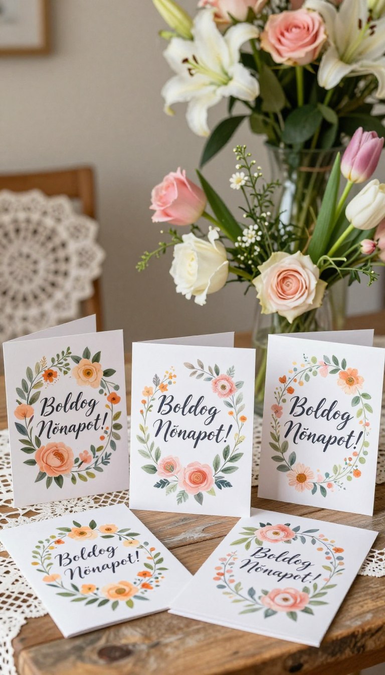 A beautifully arranged collection of vibrant Women's Day greeting cards, featuring elegant floral designs with pastel colors and intricate patterns. In the foreground, showcase several cards prominently, with the phrase 'Boldog Nőnapot!' artistically displayed in elegant script. In the middle, add soft-focus elements like delicate flowers—roses, lilies, and tulips—intertwined with greenery. The background should include a warmly lit cozy setting, perhaps a rustic wooden table adorned with a lace tablecloth and a vase of fresh flowers, creating an inviting atmosphere. Use soft, natural lighting to evoke a sense of warmth and celebration, capturing the essence of appreciation and love for women on this special day. The composition should be harmonious and visually striking, designed for a celebratory mood.